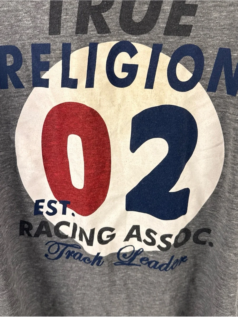 True Religion Gray Short Sleeve Tee with Red & Navy Graphic Mens XL